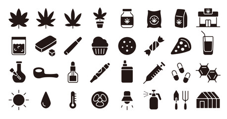 Cannabis product icon set (Flat silhouette version)