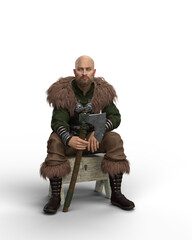 Wall Mural - 3D rendering of a Viking man sitting on a wooden stool wearing warrior costume and holding an axe isolated on a white background.