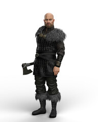 Wall Mural - 3D rendering of a Viking warrior man with beard and bald head standing with axe in his right hand isolated on a white background.