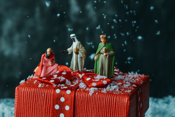 Wall Mural - the miniatures of the magi on a red gift box