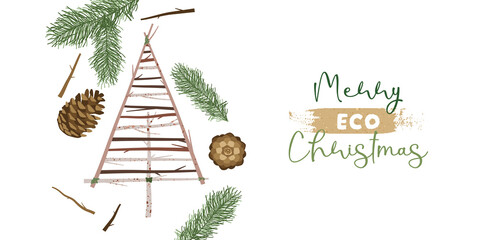 Fototapete - Merry Eco Christmas nature pine tree ornament card