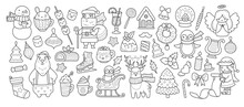 Big Collection Of Christmas Outline Cartoon Characters And Elements For Coloring Book. Santa Claus, Xmas Elf, Cherub, Snowman, Candle, Holly And Holiday Decorations. Vector Isolated Illustration.