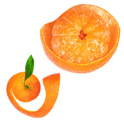 Wall Mural - Tangerine or clementine oranges fruits  peel twist isolated on white background.  Fresh mandarins curl Top view. Flat lay.