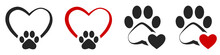 Set Of Love Paw Print. Paw Print With Heart. Logo Animal Love. Paw In The Heart. Vector Illustration.