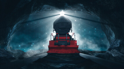 Night fantasy with a cave, mountain landscape with a train. Mountain tunnel, cistern, rocks. Night Polar Express. Cold night landscape, smoke, smog, fog on the railroad. 3d illustration.