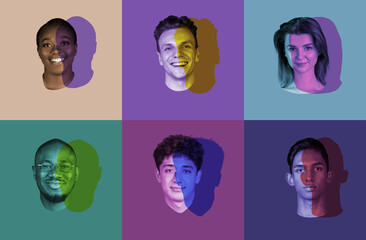 Artwork. Set, collage of young male and female faces, heads with colored silhouette, shadow isolated on colored background.