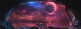 Fototapeta Perspektywa 3d - Space cave, stones, tunnel and starry night Galatian sky, planets, nebula. Fantasy space landscape, rock hole. Neon space 3D illustration. 