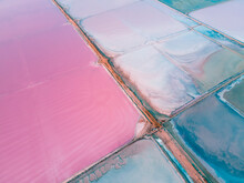 Pink And Blue Lakes Of Salt Industry. Aerial Top Down View. Abstract Nature Background. Sasyk-Sivash Salt Lake In Crimea.