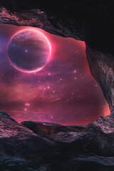 Wall Mural - Space cave, stones, tunnel and starry night Galatian sky, planets, nebula. Fantasy space landscape, rock hole. Neon space 3D illustration. 