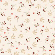 Christmas Pattern With Gold Leaves, Red Berries And Lollipops, Watercolor Illustration
