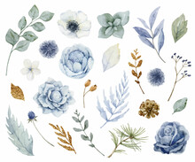 Watercolor Vector Set Of Dusty Blue Flowers, Branches And Leaves.