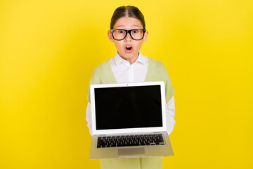 Sticker - Portrait of attractive trendy funky worried girl holding laptop copy space wow solution isolated over bright yellow color background