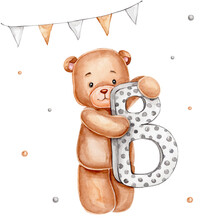 Teddy Bear With Letter "B"; Watercolor Hand Drawn Illustration; With White Isolated Background