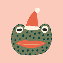Christmas Doodle Character Frog Santa Childish Cartoon Boho Naive Funky Handdrawn Style Art Vector 