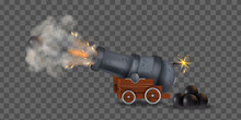 Ancient Iron Cannon, Vector Vintage Military Illustration, Shooting Old Weapon, Smoke And Fire, Cannonball. Pirate Medieval Explosion Game Clipart On Transparent Background. Ancient Corsair Cannon