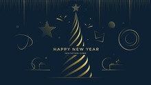 Happy New Year Greeting Card Design With Stylized Christmas Tree And Gold Decoration On Dark Background. Merry Christmas Golden Line Illustration