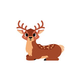 Fototapeta Dinusie - Cute brown spotted deer with horns. Forest wild animal. Vector cartoon illustration. Isolated on white background.