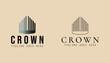 Gate and crown logo inspiration template. Real estate brand identity. Crown logo vector for house interior, real estate or hotel company. Black and white modern apartment and property logo design.