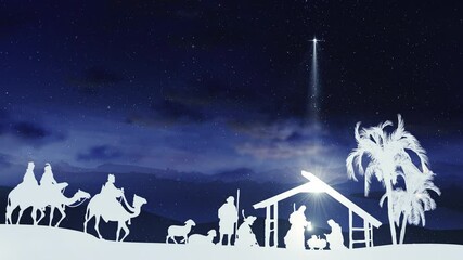 christmas scene with twinkling stars and brighter star of bethlehem with nativity characters animate