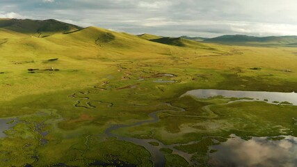 Wall Mural - Green hills on the shore of the alpine lake Song-Kol, Kyrgyzstan