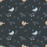 Fototapeta Dinusie - Seamless pattern with Christmas tree, bird, star, berry isolated on dark blue background. Vector hand drawn flat illustration. Design for textile, wallpaper, wrapping, backdrop
