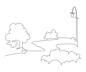 Landscape park with a path, trees and a lamppost. Continuous line drawing. Vector illustration. Silhouette footpath