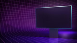 Fototapeta Panele - New retro wave virtual background with an empty screen. An angle view TV backdrop Ideal for tech shows, or technology events. 3D render suitable on VR tracking systems with green screen