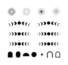 Set Moon Phases With Stars, Boho Elements And Sun. Black Vector Illustration
