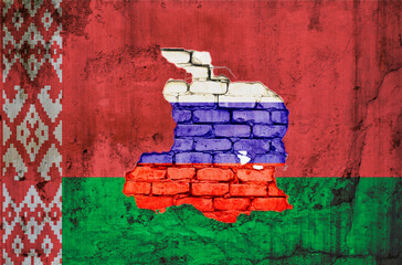 Wall Mural - cracked concrete wall with flag of Belarus, Russia, EU europe union and  texture - concept for relations between countries, migrants Border Crisis, agreement, conflict, political tension