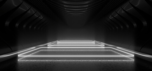 Wall Mural - a dark tunnel lit by white neon lights. reflections on the floor and walls. 3d rendering image.