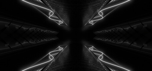 Wall Mural - a dark tunnel lit by white neon lights. reflections on the floor and walls. 3d rendering image.