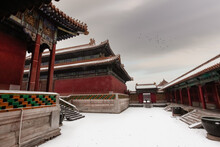Snow Covered Courtyard And Roof Of The Forbidden City  
