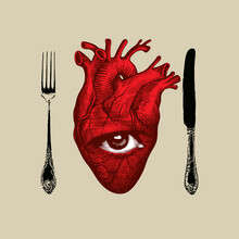 Vector Banner With A Red Human Heart, Single Eye And Old Cutlery On A Beige Background. Abstract Banner In Retro Style With A Detailed Drawing Of A Human Internal Organ. Dinner Of A Maniac Cannibal