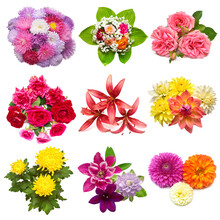 Collection Of Bouquets Flowers Chrysanthemum, Hosta, Yarrow, Lily, Rose, Dahlia, Clematis, Aster Isolated On White Background
