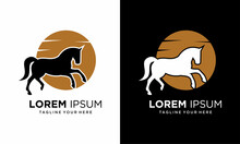 Horse Silhouette At Sunset Sun Moon Logo Design Illustration. Horse Ranch Logo Vector Icon Illustration, On A Black And White Background.