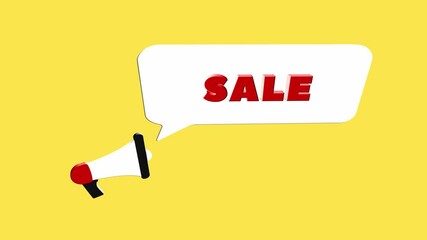 Aufkleber - 3d realistic style megaphone icon with text Sale isolated on yellow background. Megaphone with speech bubble and sale text on flat design. 4K video motion graphic