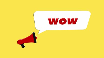 Aufkleber - 3d realistic style megaphone icon with text Wow isolated on yellow background. Megaphone with speech bubble and wow text on flat design. 4K video motion graphic