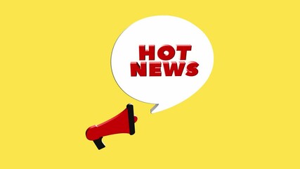 Aufkleber - 3d realistic style megaphone icon with text Hot news isolated on yellow background. Megaphone with speech bubble and hot news text on flat design. 4K video motion graphic