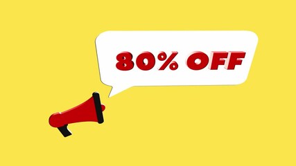 Aufkleber - 3d realistic style megaphone icon with text 80 percent off isolated on yellow background. Megaphone with speech bubble and 80 percent off text on flat design. 4K video motion graphic