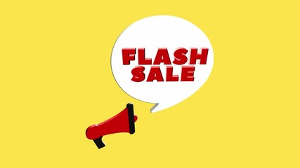Aufkleber - 3d realistic style megaphone icon with text Flash sale isolated on yellow background. Megaphone with speech bubble and flash sale text on flat design. 4K video motion graphic
