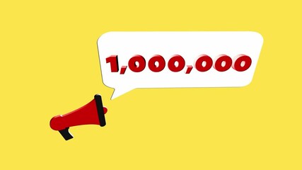 Aufkleber - 3d realistic style megaphone icon with number One million isolated on yellow background. Megaphone with speech bubble and 1000000 subscribers text on flat design. 4K video motion graphic