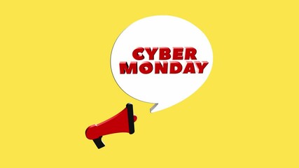 Poster - 3d realistic style megaphone icon with text Cyber Monday isolated on yellow background. Megaphone with speech bubble and cyber monday text on flat design. 4K video motion graphic