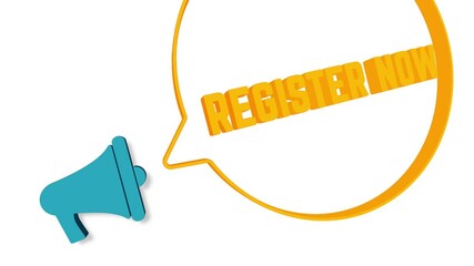 Aufkleber - Megaphone with speech bubble in 3d style on white background. Register now text. Loudspeaker. 4K video motion graphic