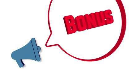 Fototapete - Megaphone with speech bubble in 3d style on white background. Bonus text. Loudspeaker. 4K video motion graphic