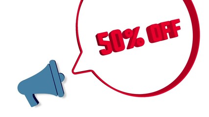 Poster - Megaphone with speech bubble in 3d style on white background. 50 percent off text. Loudspeaker. 4K video motion graphic