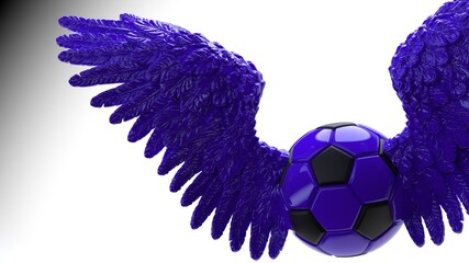 Black-purple soccer ball with the purple Wings under flash light background. 3D CG. 3D illustration. 3D high quality rendering.