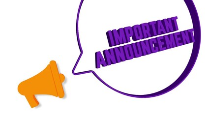 Aufkleber - Megaphone with speech bubble in 3d style on white background. Important Announcement text. Loudspeaker. 4K video motion graphic