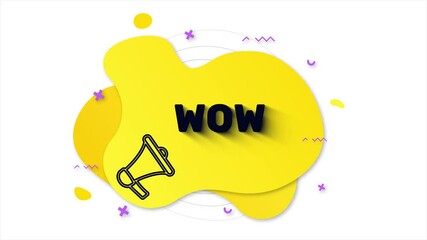 Fototapete - Black megaphone with text Wow. Memphis style banner with abstract geometric shapes on yellow background. Banner and outline round elements with megaphone. 4K video motion graphic