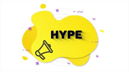 Poster - Black megaphone with text Hype. Memphis style banner with abstract geometric shapes on yellow background. Banner and outline round elements with megaphone. 4K video motion graphic