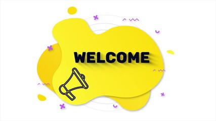 Fototapete - Megaphone with text Welcome. Memphis style banner with abstract geometric shapes on yellow background. Banner and outline round elements with megaphone. 4K video motion graphic